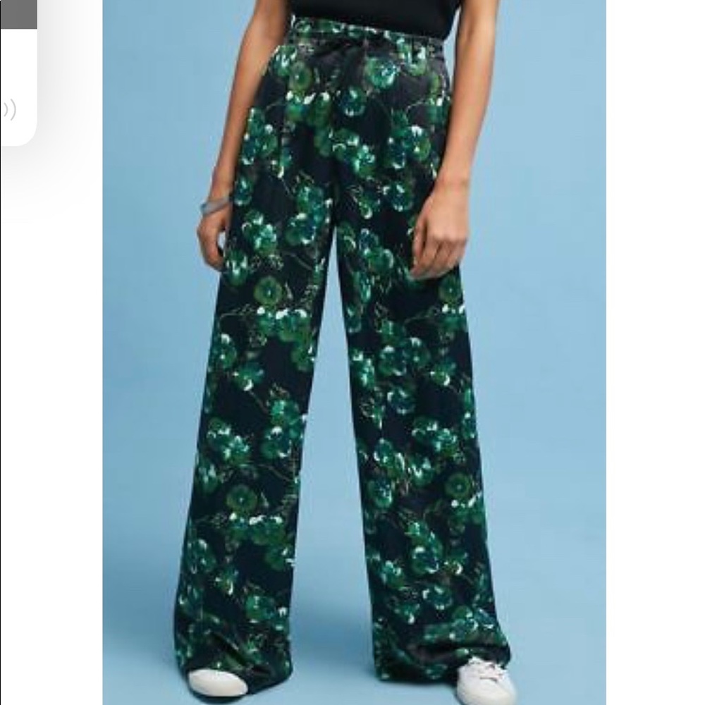 ANTHROPOLOGIE Elevenses Satin Statement Floral Wide Leg Pant